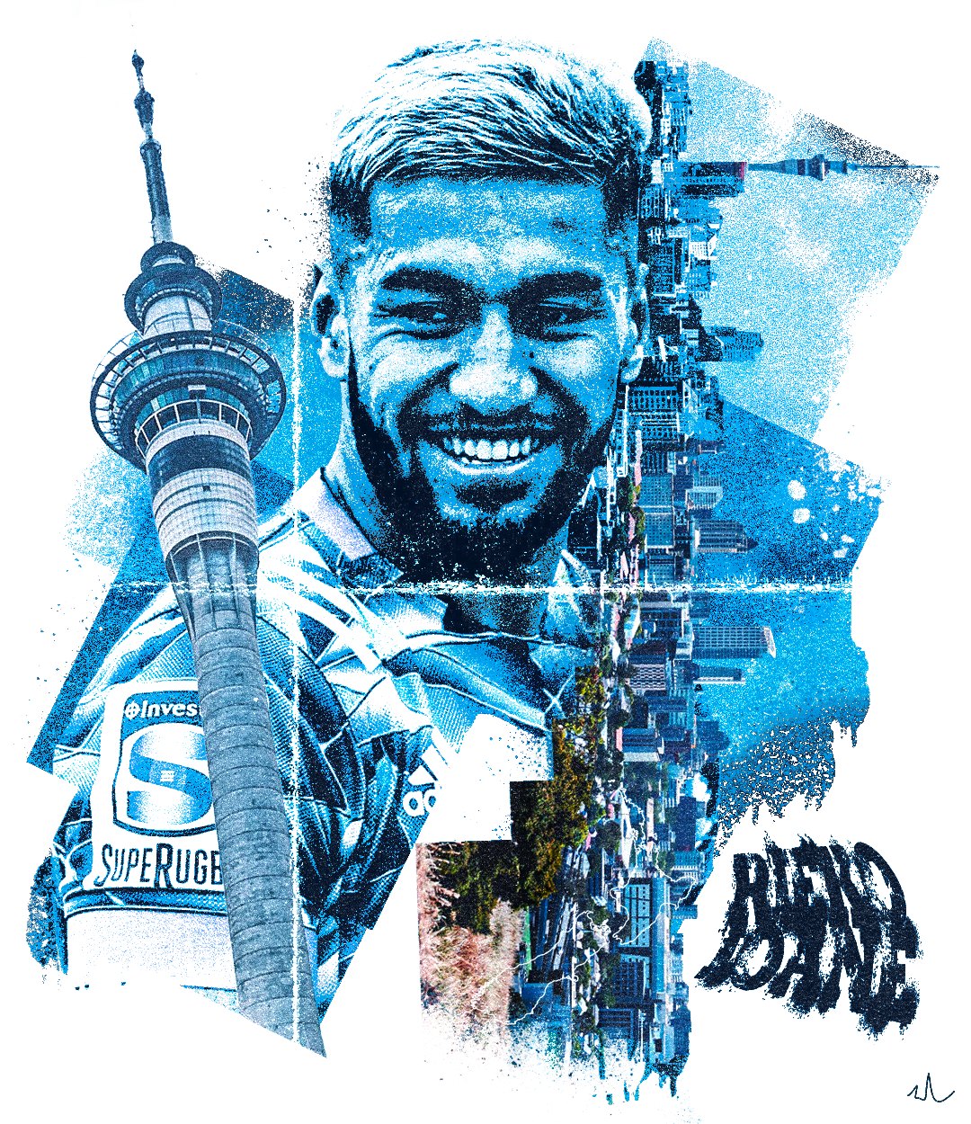 Blues Super Rugby collage poster with the Auckland Sky Tower and city skyline