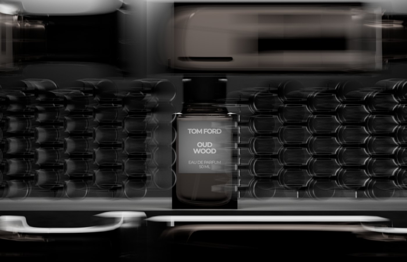Tom Ford Oud Wood bottle in 3D, surrounded by motion-blurred rows of bottles
