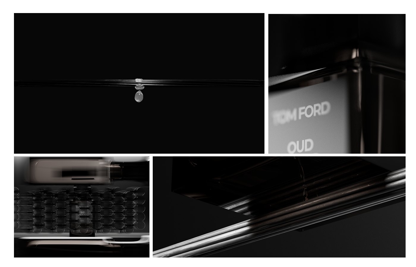 Frames: a drop of oud falling from a wire, label close-up and motion-blur shots