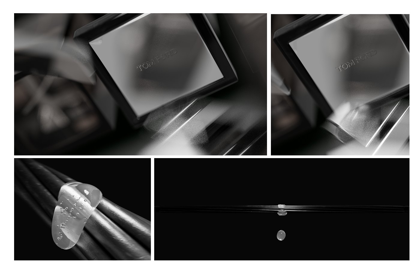 Frames: macro shots of the Tom Ford cap, liquid on a wire and a falling drop
