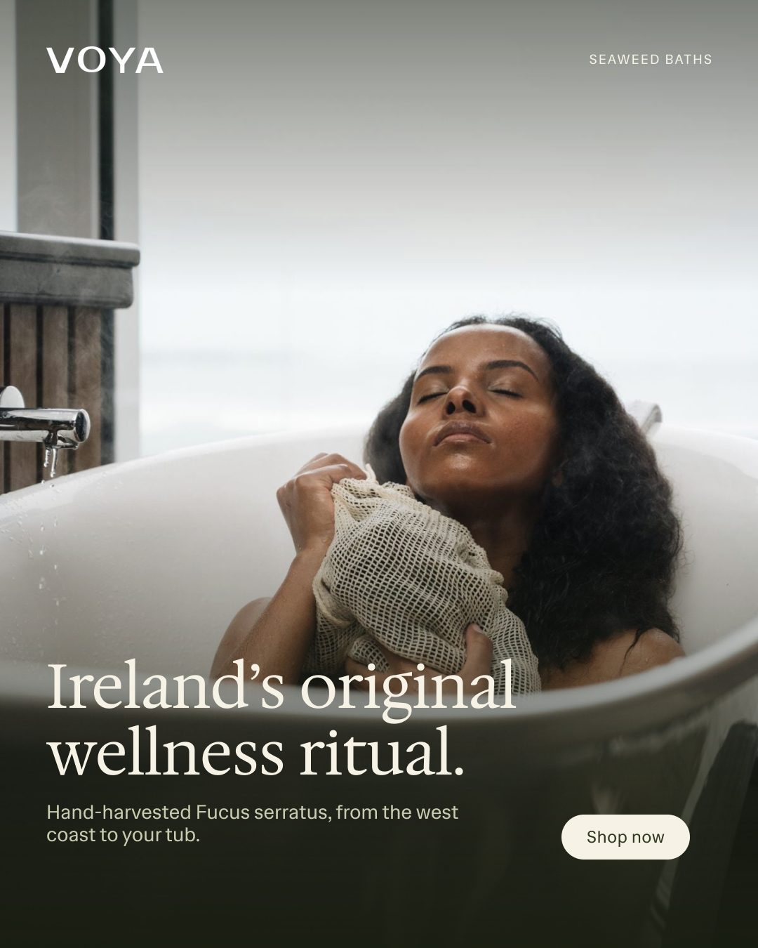 VOYA concept post: Ireland’s original wellness ritual, a woman relaxing in a seaweed bath