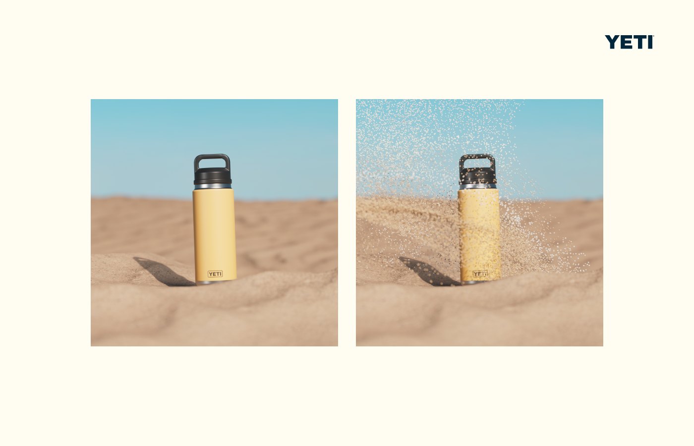 YETI Rambler bottle in desert sand, before and after a sand burst
