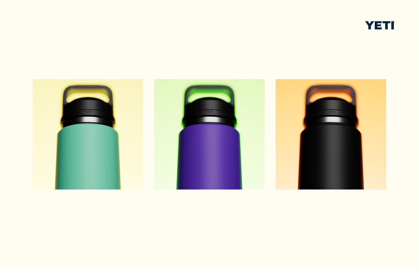 Three YETI bottles in green, purple and black with soft glow